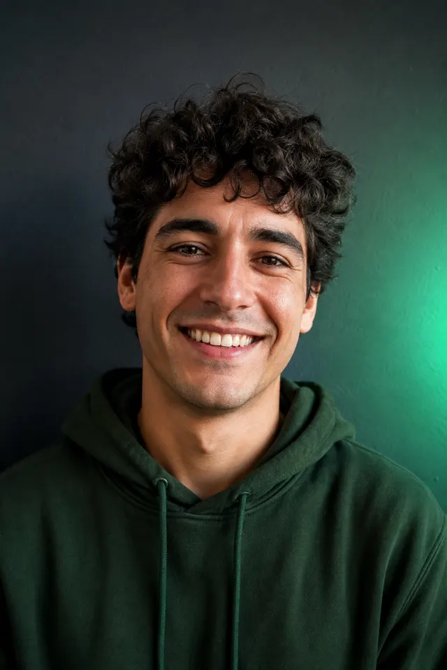 Retrato de Gonzalo Peralta, administrador de Play Arena Hub, sonriendo con buzo verde